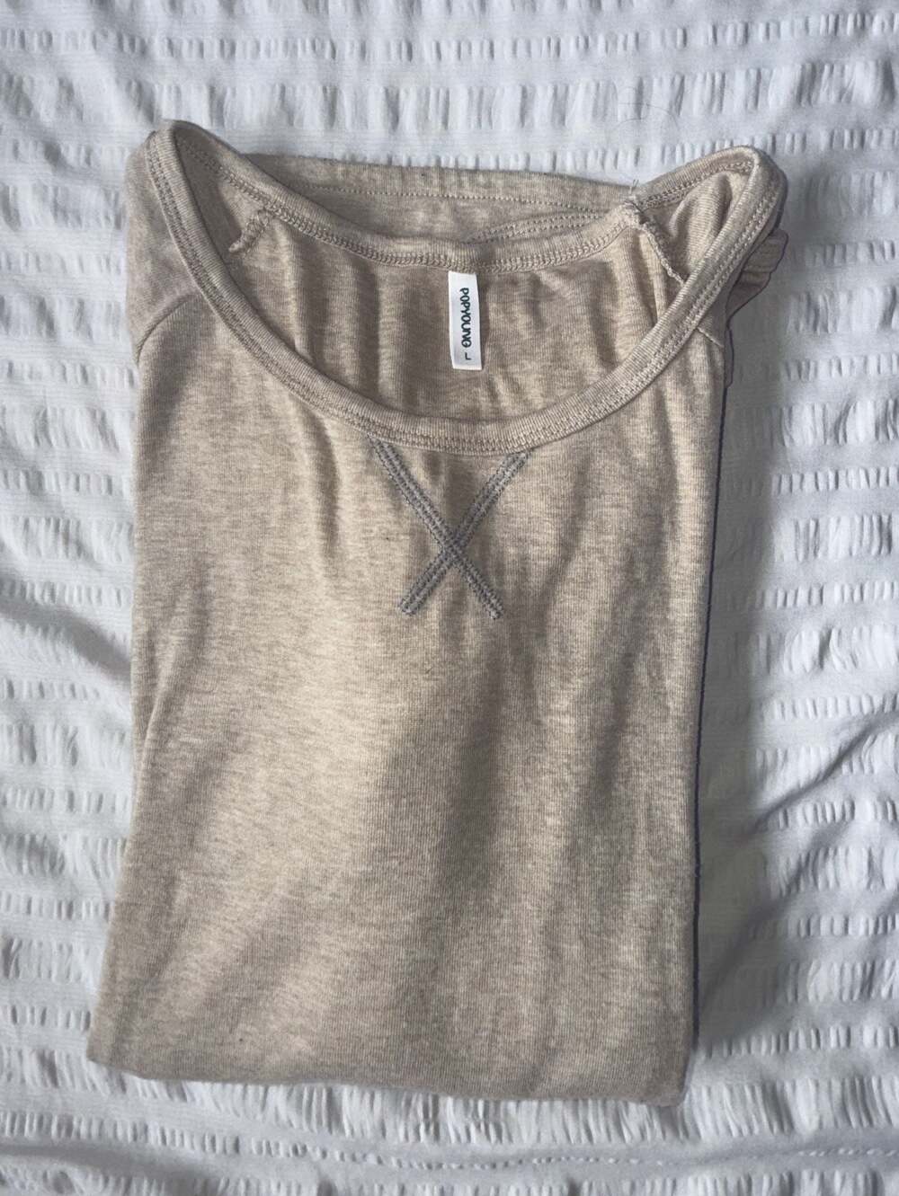 POPYOUNG Beige Long Sleeve Lightweight Casual T-Shirt Minimalist
